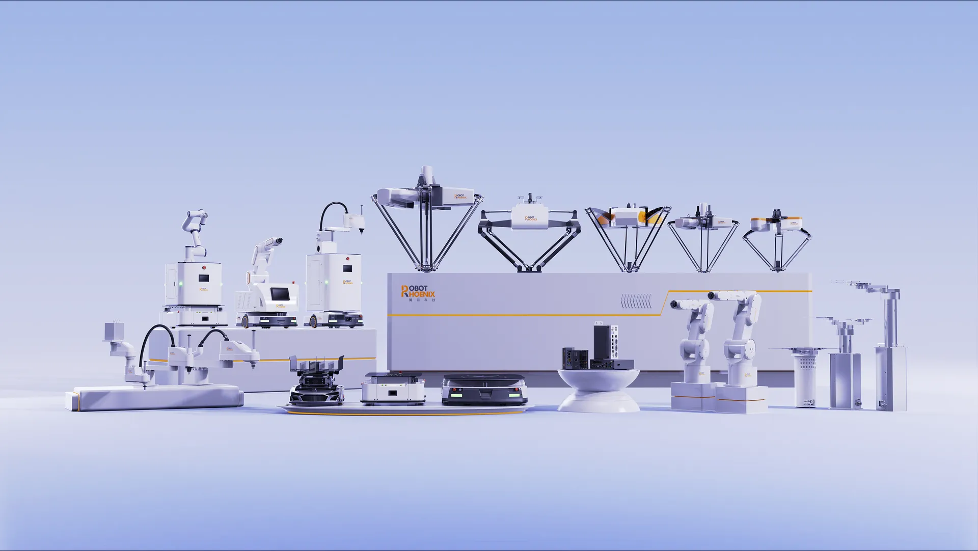 パラレルリンクロボット、SCARA、AGVなどを並べたRobotPhoenixの製品群
